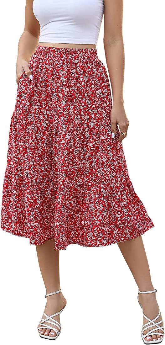 Lyrur Women's Floral Midi Skirt with Pockets High Elastic Waist Flowy Ruffle Casual Summer Boho A... | Amazon (US)
