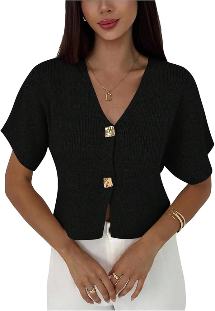 SOLY HUX Women's Short Sleeve Office Spring Winter Cardigan Sweater Button Down V Neck Slim Fit E... | Amazon (US)