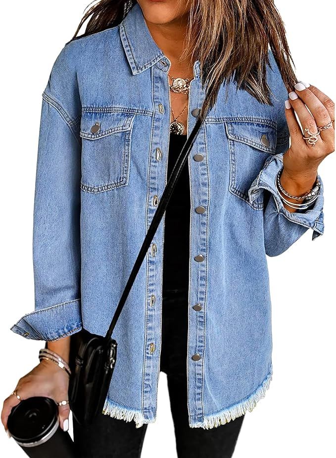 Vetinee Women’s Oversized Button Up Frayed Hem Shacket Long Sleeve Pockets Denim Jean Jacket | Amazon (US)