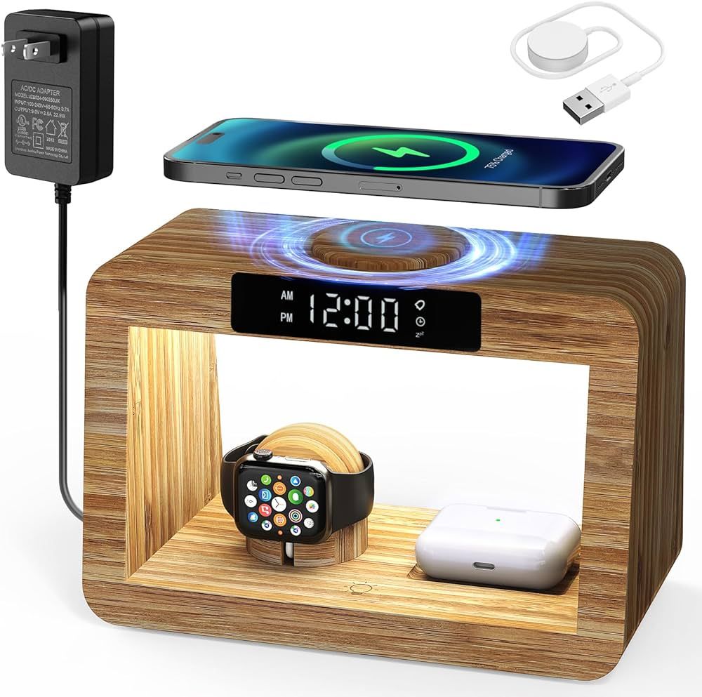 Bamboo Wireless Charging Station: Wireless Charger with Digital Alarm Clock and Night Light- Fast... | Amazon (US)