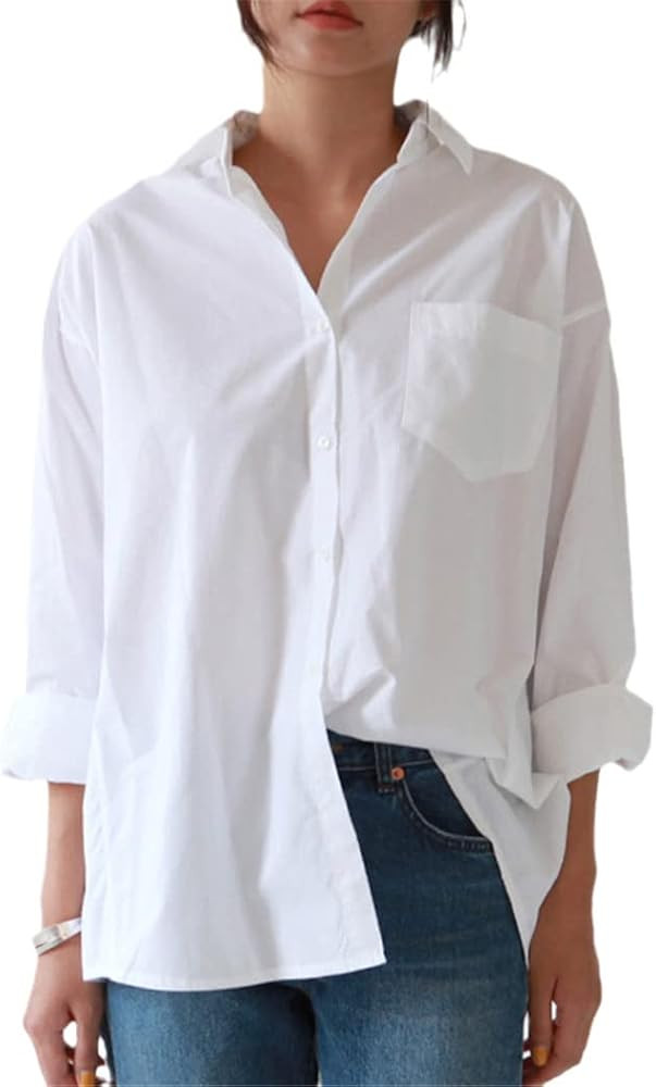 Casual Loose Women Shirts, Autumn Fashion Lapel Blouse, Long Sleeve Buttons White Shirt, Streetwe... | Amazon (US)