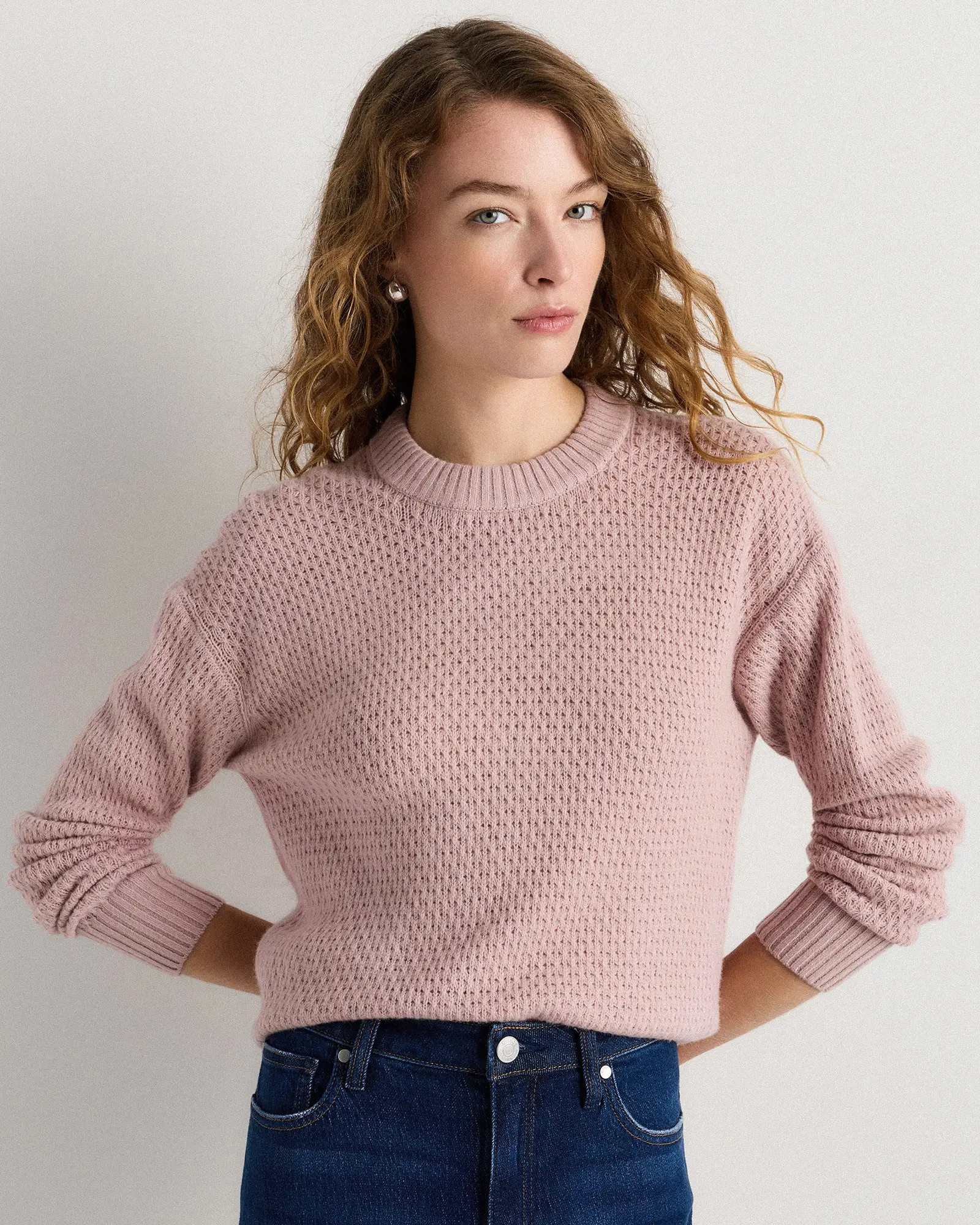 100% Yak Wool Diamond Stitch Crew in Desert Bloom Pink | Quince
