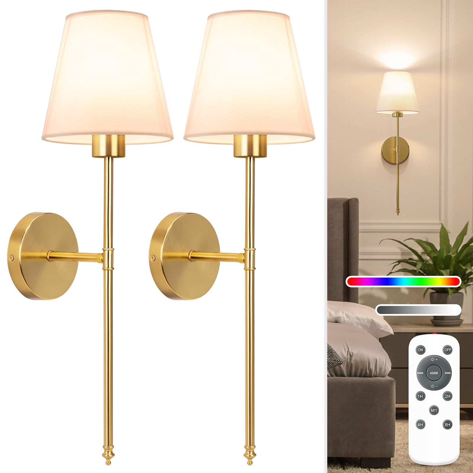 NIORSUN Battery Operated Wall Sconce Set of 2,Gold Rechargeable Wall Lights with 5200mAh Dimmable... | Amazon (US)