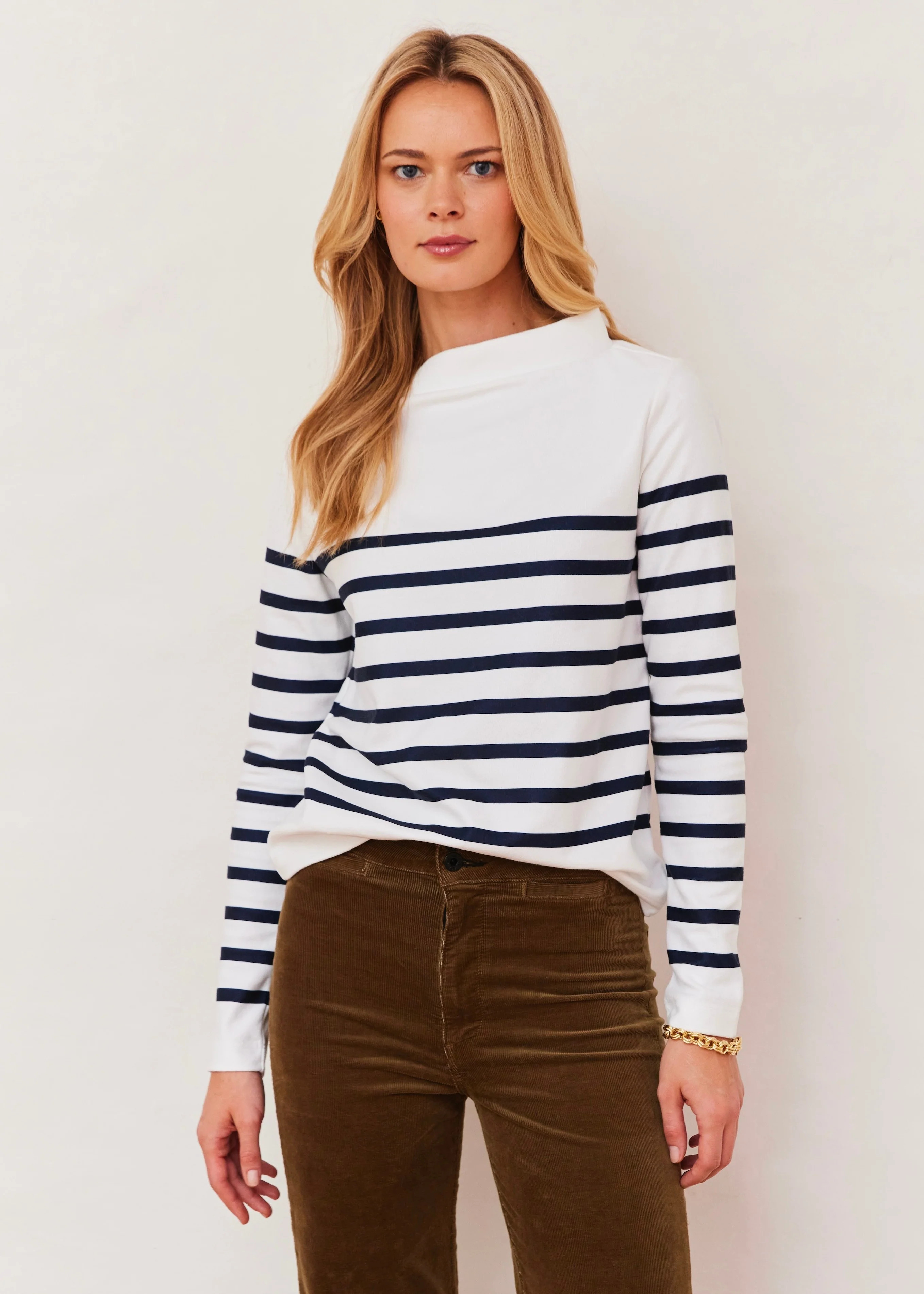 Brighton Boatneck in Terry Fleece (White/Navy Placed Stripe) | Dudley Stephens