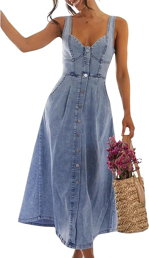 utcoco Denim Dress for Women Sleeveless Button Down Slim Fit Midi Jean Dresses for Women 2025 | Amazon (US)