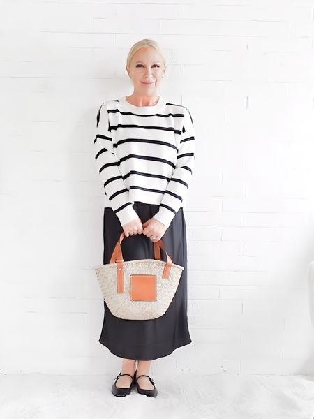 Outfits with a French Flair: striped sweater + slip dress + market tote + Mary Jane ballet flats

#LTKSeasonal #LTKstyletip #LTKitbag