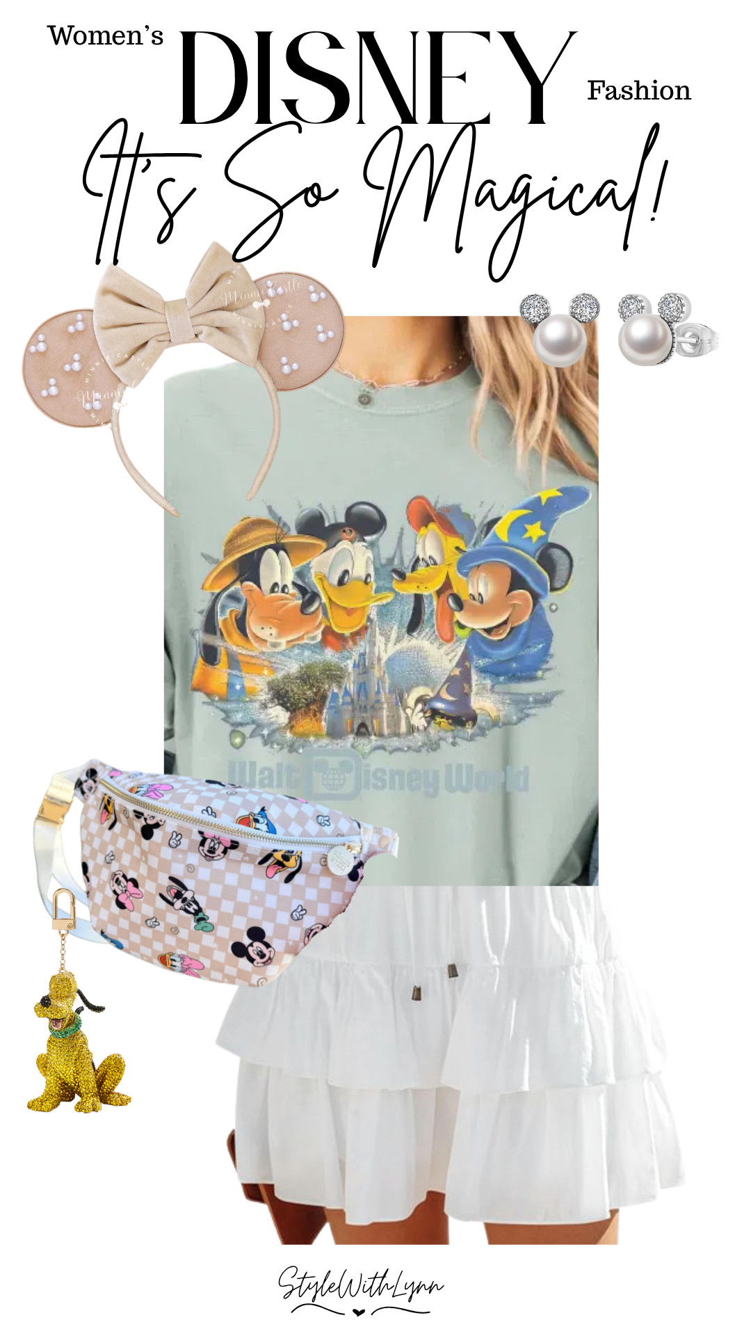 This tee is my expression each time we go to Disney World.  It is so magical.  Match this adorable Disney World tshirt with a comfortable tiered skirt, pearl Mickey earrings, and those darling neutral Minnie ears for park day perfection. Plus, this crossbody bag is perfect for snacks, sunscreen, and all the essentials. 

Shop this entire Disney outfit and start planning your next castle pic moment! 🏰 

 #DisneyOutfitInspo #DisneyParksStyle #DisneyVacationLooks #DisneyWorldOutfit #LTKFindsUnder50 #LTKStyleTip #LTKTravel