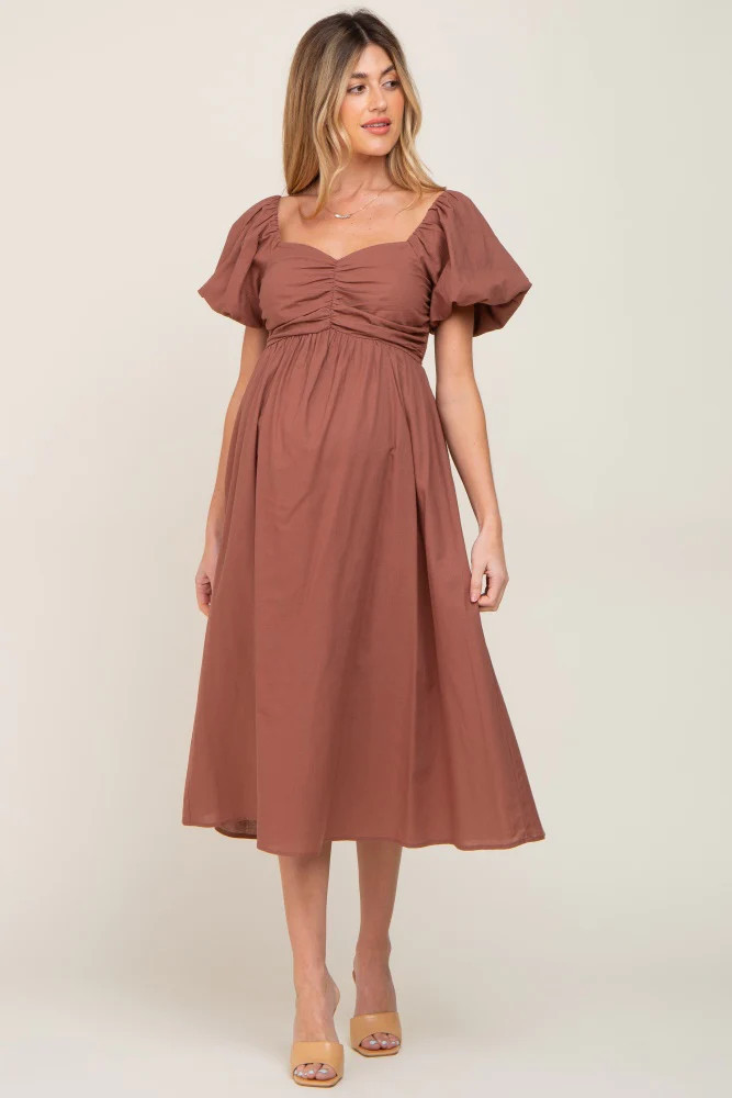 Mocha Sweetheart Neck Puff Sleeve Linen Maternity Midi Dress | PinkBlush Maternity