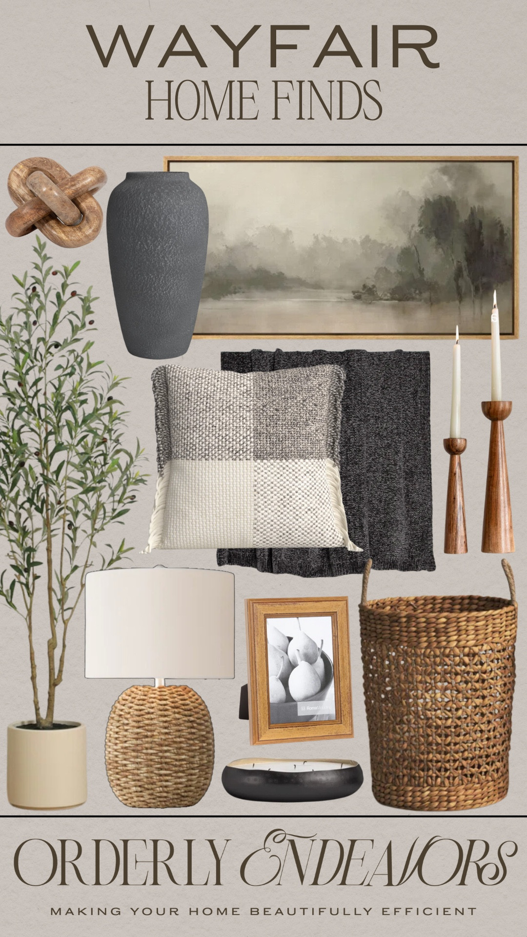 Wayfair home finds include throw pillow, blanket, basket, frame, table lamp, faux tree, candle stick holder, wall art, vase, candle, and wooden knot

Home decor, neutral home decor, moody decor, looks for less

#LTKHome #LTKStyleTip #LTKFindsUnder100