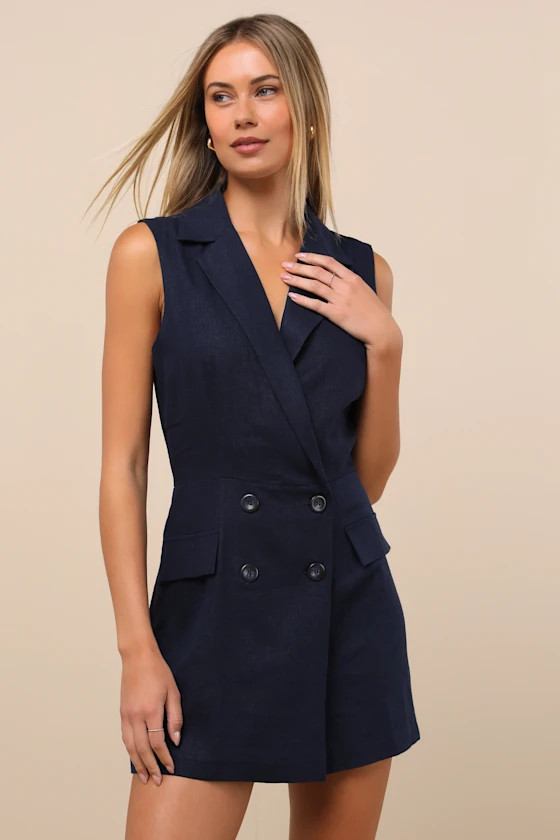 Paris Dark Navy Tweed Collared Romper | Lulus