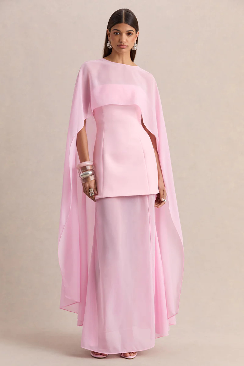 Chessa  Light Pink Boat-Neck Maxi Dress With Sheer Cape | Club L London