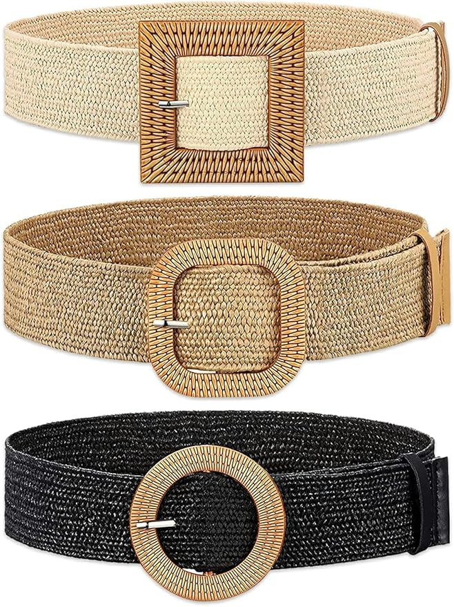 3-Pack Women Straw Rattan Belts – Braided Elastic Waist Bands for Dresses | Stretchable Woven R... | Amazon (CA)
