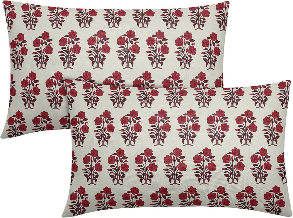 Burgundy Red Floral Block Print Lumbar Pillow Covers 12x20 Set of 2 Chinoiserie Flower Leaves Out... | Amazon (US)