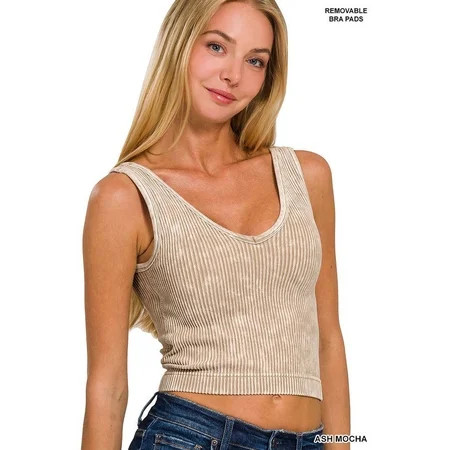 Zenana Women s Washed Ribbed Seamless High Neck Nylon Cropped Racer Back Tank Top | Walmart (US)