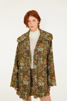 Flower Jacquard Lapel Trench Coat, GREEN / L | FarmRio (US)