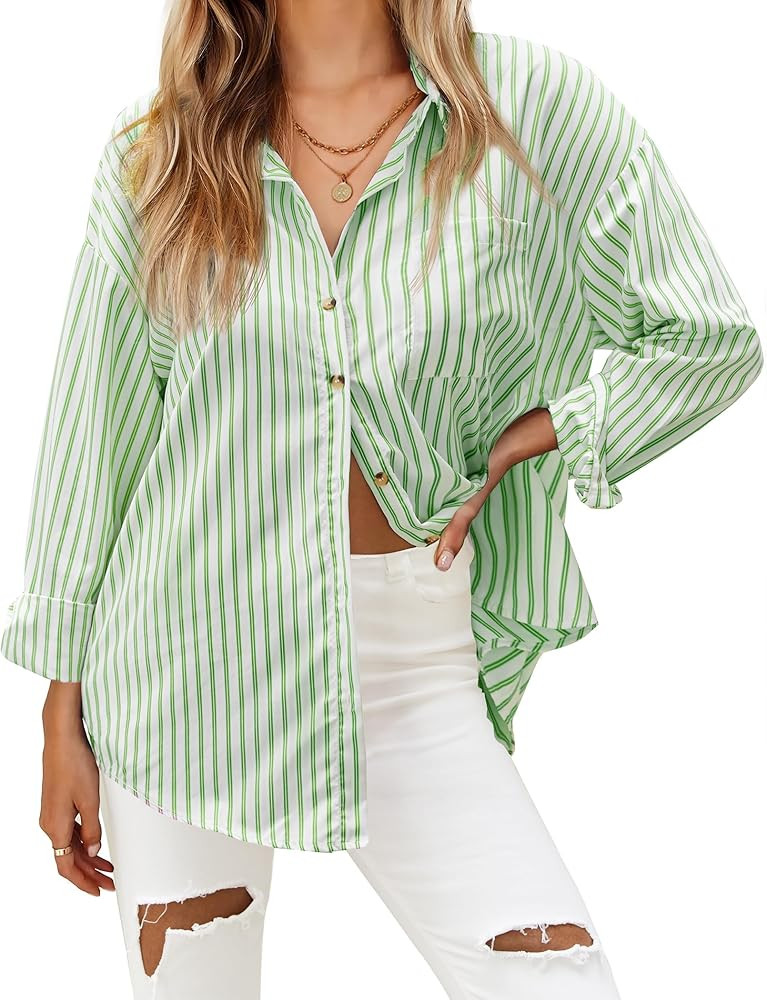 HOTOUCH Women's Striped Button Down Shirts Casual Long Sleeve Boyfriend Loose Collared Blouses To... | Amazon (US)