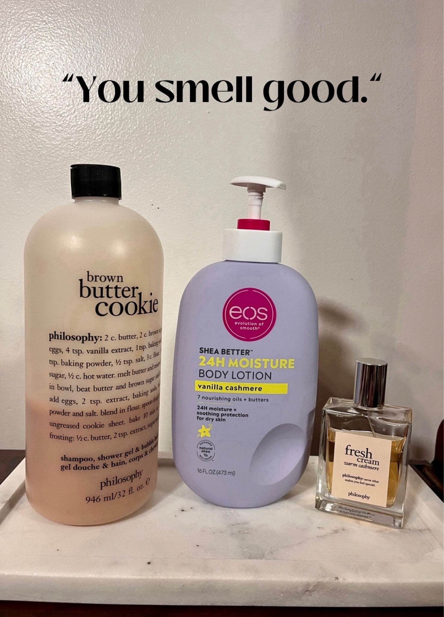 Philosophy Fresh Cream Warm Cashmere Eau de Toilette is for the girls who love a woody gourmand. This is a great cozy girl scent! #LTKunder100 

warm cashmere shampoo, bath & shower gel, eos Shea Better Moisture Body Lotion - Vanilla Cashmere - 16 fl oz

#LTKSeasonal #LTKbeauty #LTKfindsunder50
