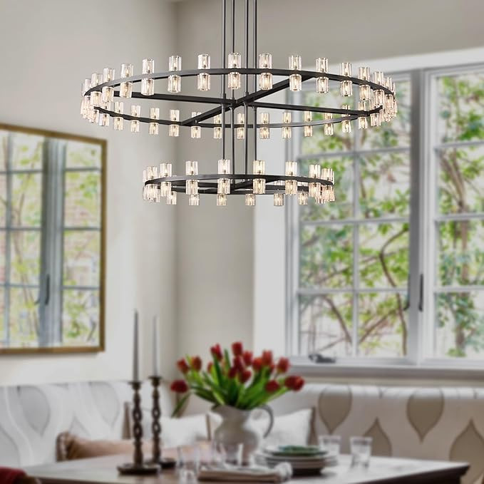 D32''+D40'' Large Black Wagon Wheel Chandelier 72-Light Transparent Glass Vintage Industrial Coun... | Amazon (US)