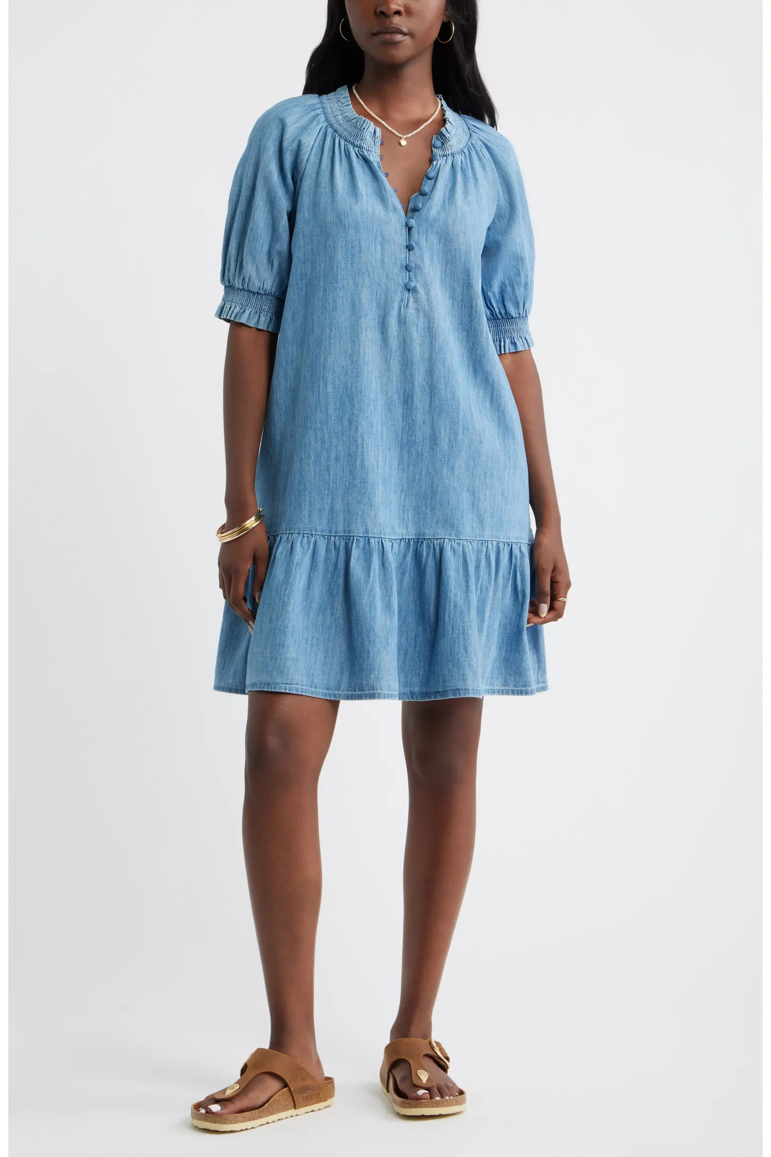 Caslon® Chambray Puff Sleeve Shift Dress (Women) | Nordstrom | Nordstrom