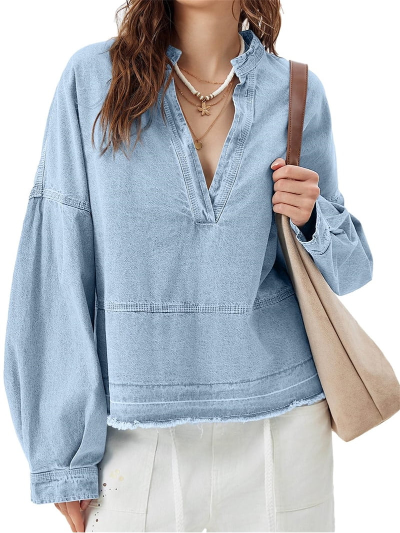 Loose Solid Women Long Sleeve Oversize V-neck Denim Blouse Tops | Walmart (US)
