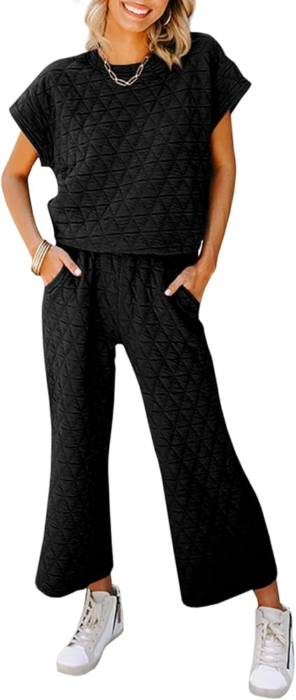 Fazortev Women's 2 Piece Outfits Quilted Lightweight Short Sleeve Tops and Cropped Pants Lounge S... | Amazon (US)