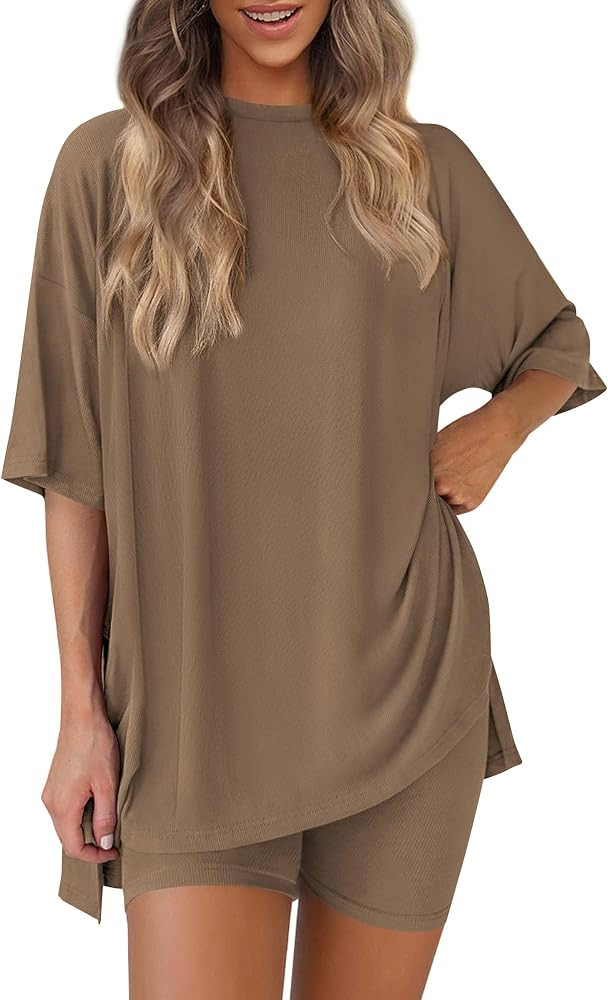 PRETTYGARDEN Women 2 Piece Lounge Set 2026 Summer Casual Oversized Shirts Biker Shorts Matching A... | Amazon (US)