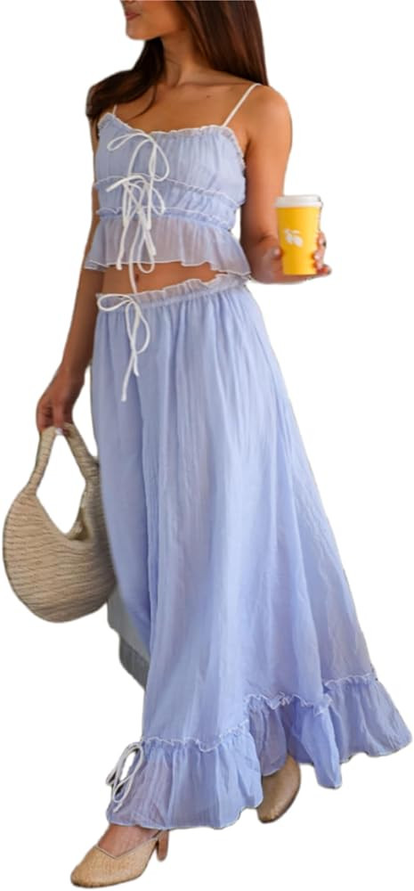 Women Y2k Ruffle Maxi Skirts Sets 2 Pieces Going Out Set Sleeveless Lace Trim Cami Top Flowy Ruff... | Amazon (US)