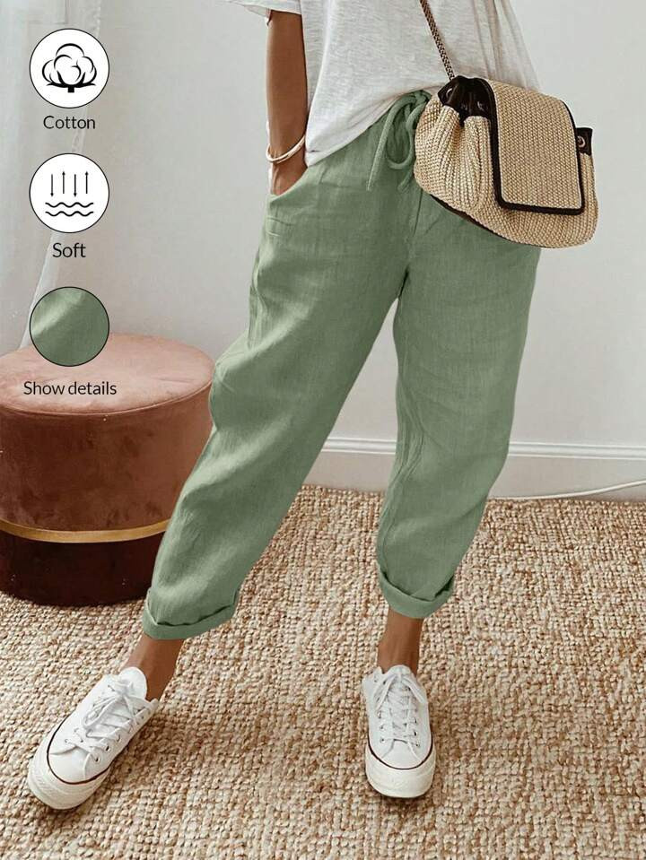 EMERY ROSE Solid Color Front Tie Simple Style Long Pants, Casual Daily Wear | SHEIN