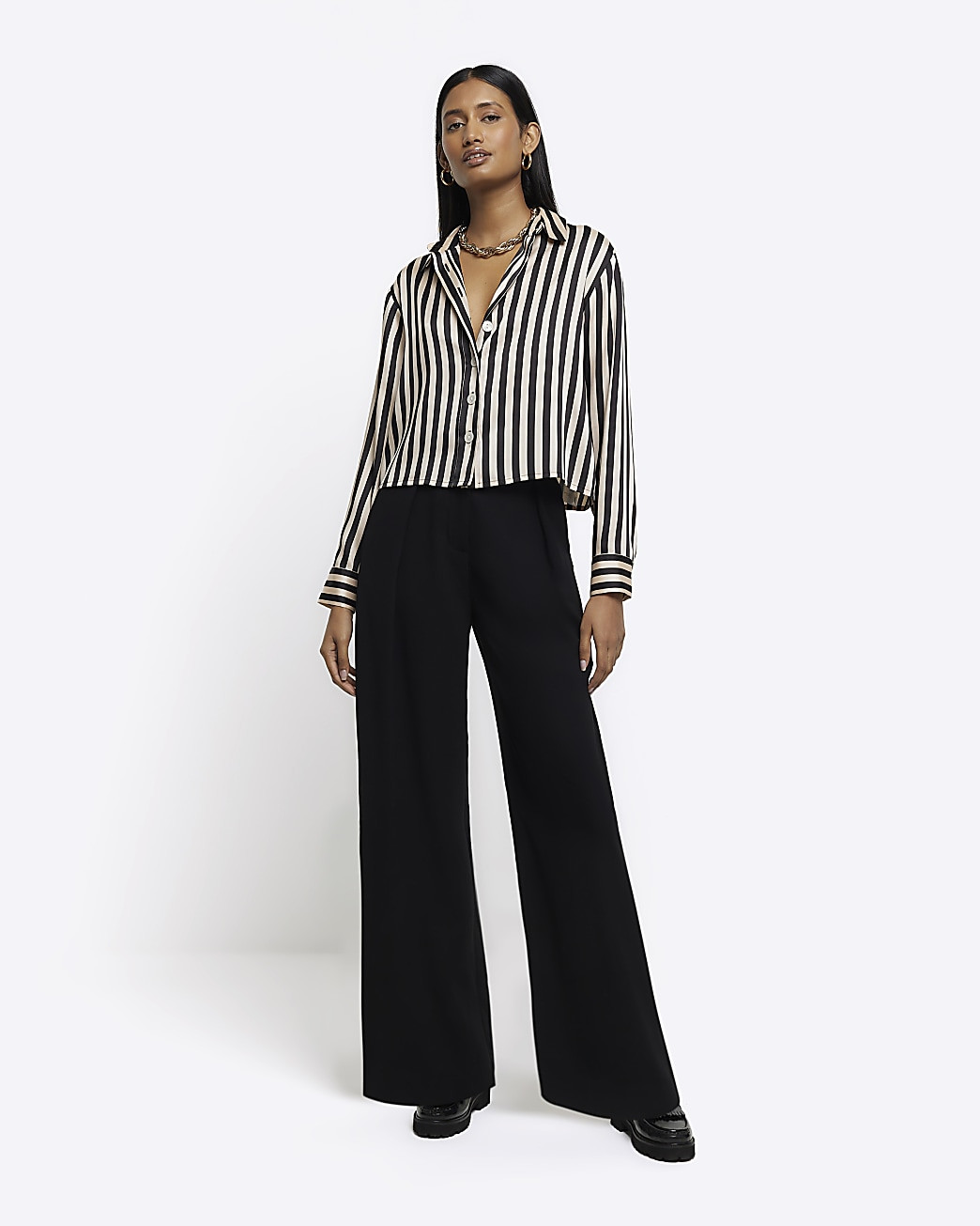 Black satin stripe long sleeve crop shirt | River Island (UK & IE)