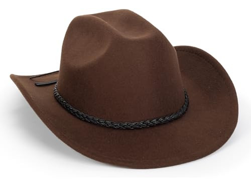 Vintage Western Cowboy Hat for Men Women - Wide Brim Cowgirl Fedora Hats with Braided Rope Band Brown M | Amazon (US)