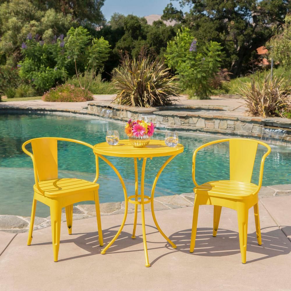 Noble House Colmar Matte Yellow 3-Piece Metal Outdoor Bistro Set | The Home Depot