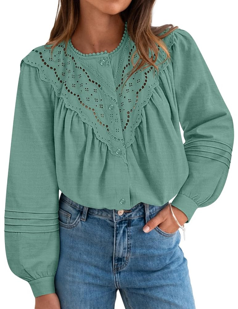 ZESICA Long Puff Sleeve Babydoll Tops for Women Lace Crochet Button Down Boho Victorian Shirts Dr... | Amazon (US)