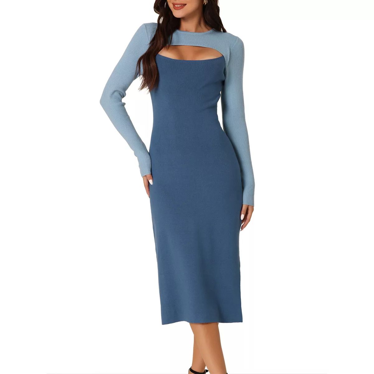 Women's Long Sleeve Cut Out Midi Dress Crew Neck Color Block Knitted Sweater Dresses | Kohl's
