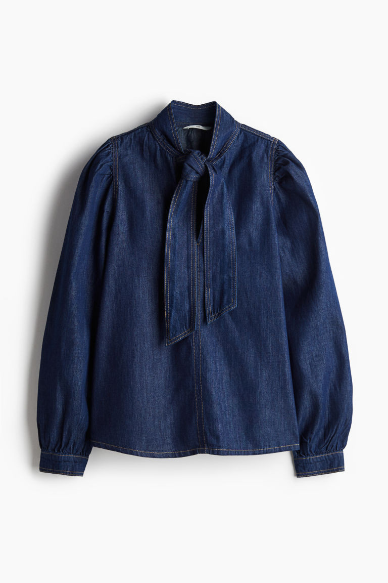 H & M - Tie-Neck Denim Blouse - Blue | H&M (US + CA)
