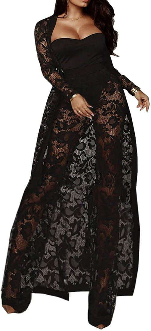 xxxiticat Women's Sexy Lace Transparent See Through Wide Leg Pants Tube Top Long Coat Sets Suits | Amazon (US)