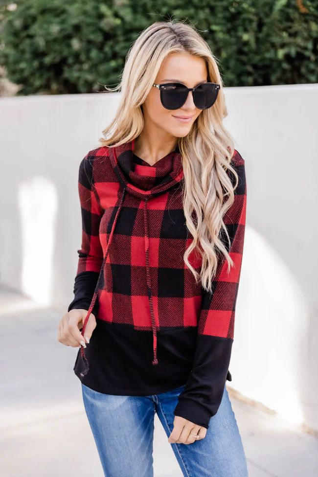 Feel The Same Buffalo Plaid Cowl Neck Hoodie | The Pink Lily Boutique