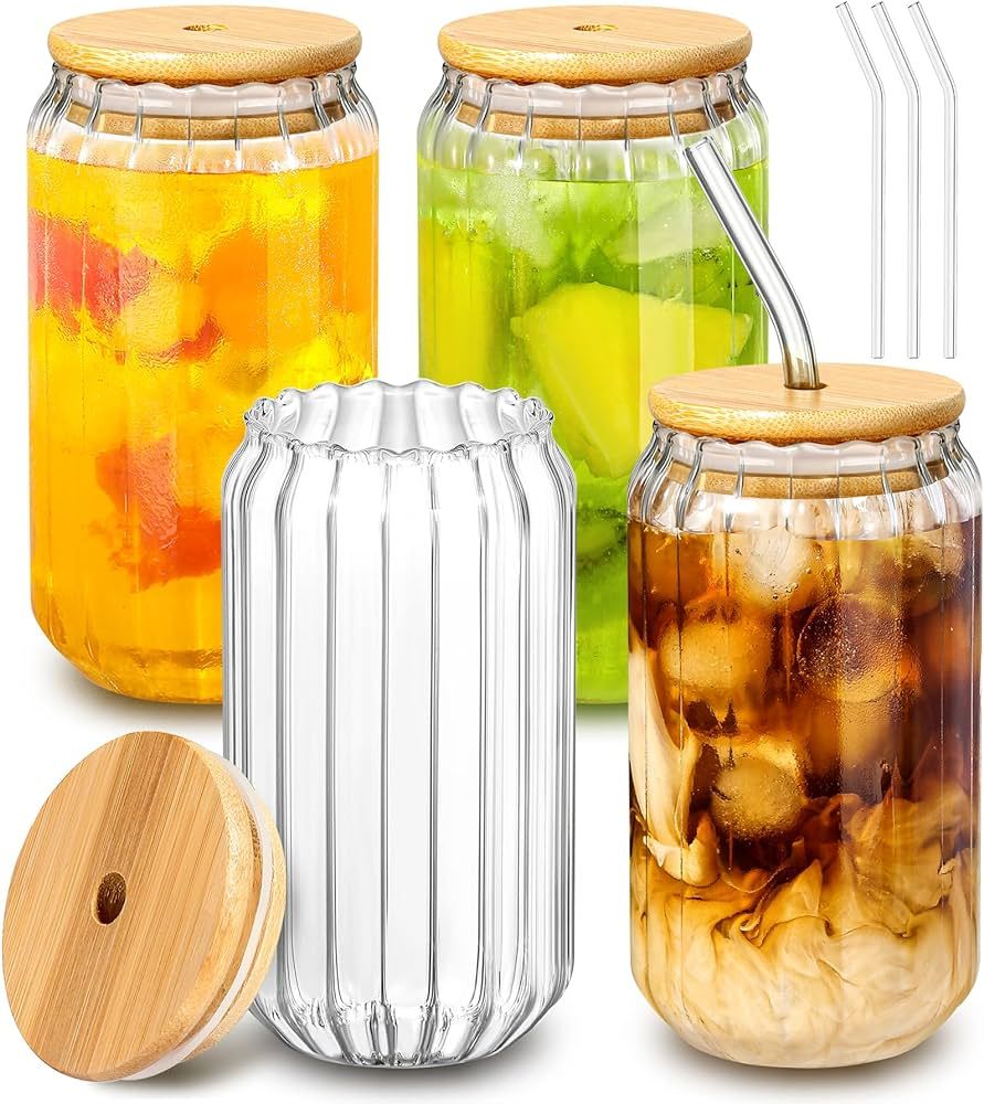 GMISUN Glass Cups with Lids and Straws, Iced Coffee Cups with Lids, 16oz Drinking Glasses Set of ... | Amazon (US)