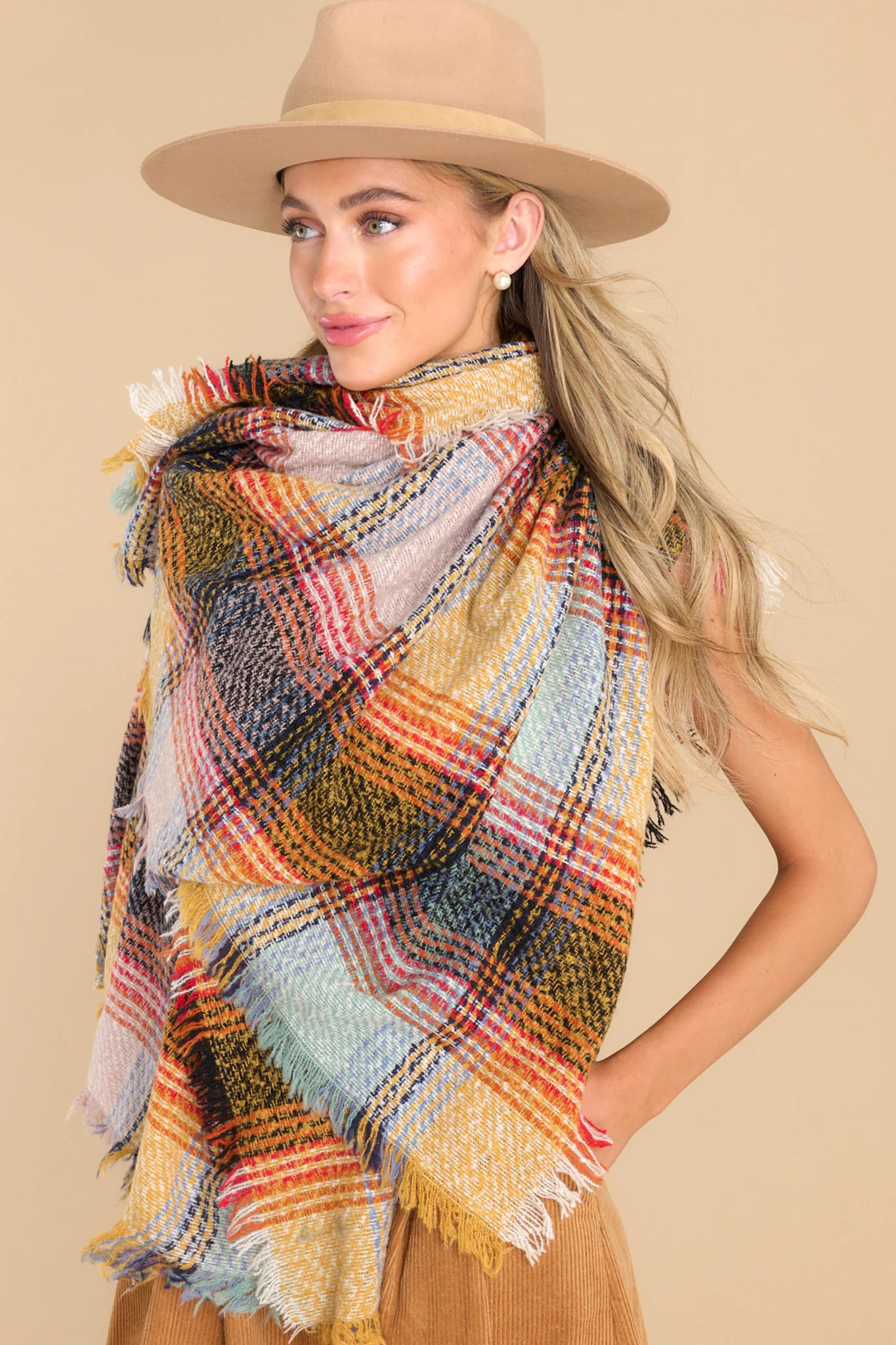 Heartwarming Smile Yellow Multi Plaid Scarf | Red Dress 
