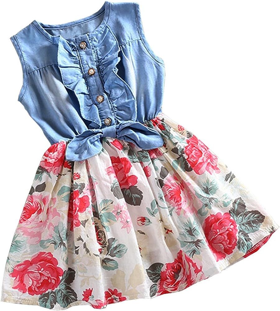 Csbks Girls Summer Sleeveless Floral Denim Dress Toddler Bow Casual Sundress | Amazon (US)