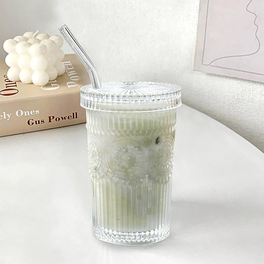 Glass Tumbler Stripe Vintage Drinking Glass Cup Coffee Cup With Lid and Straw,LIDS DON'T SECURE D... | Amazon (US)