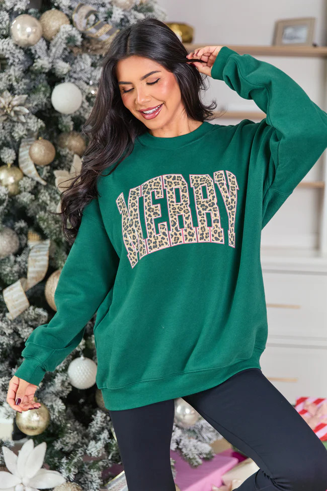 Merry Block Leopard Evergreen Graphic Sweatshirt | Pink Lily
