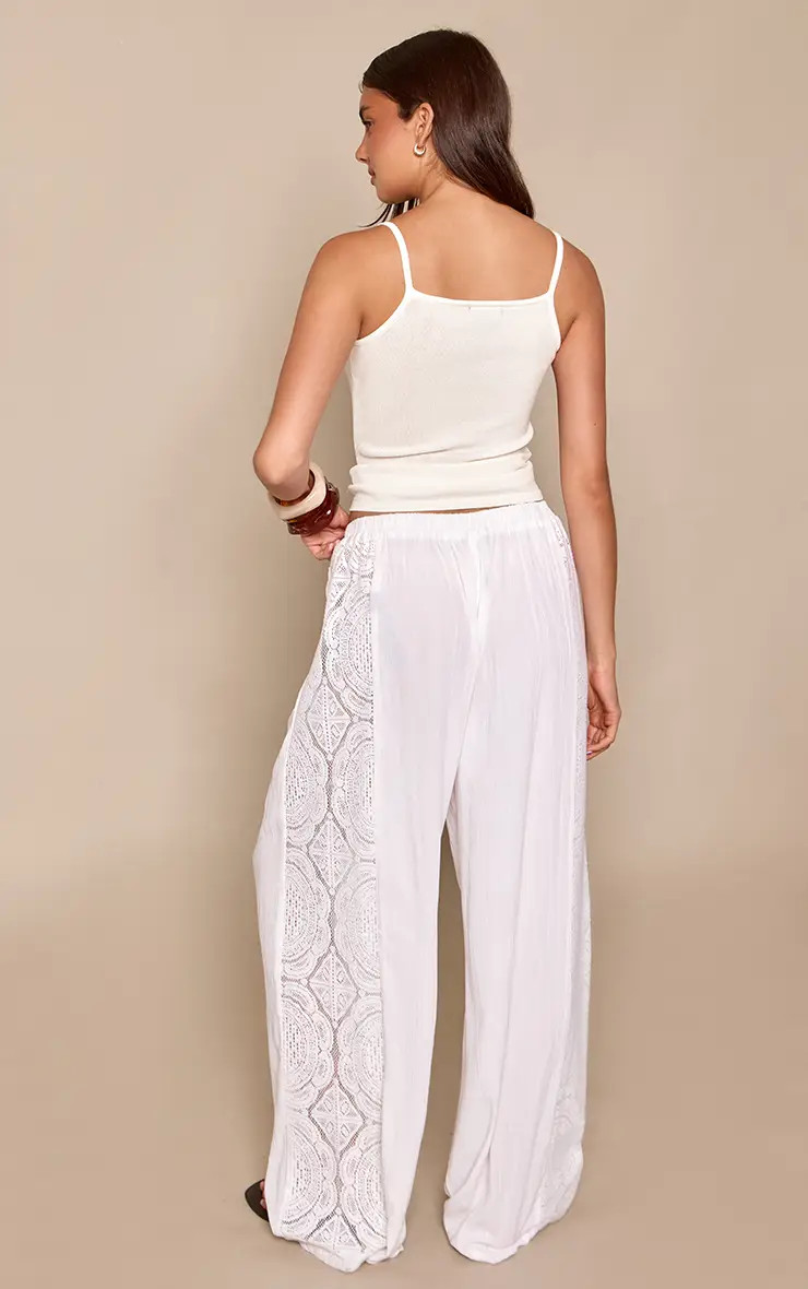 White Cheesecloth Broderie Panel Wide Leg Trousers | PrettyLittleThing UK
