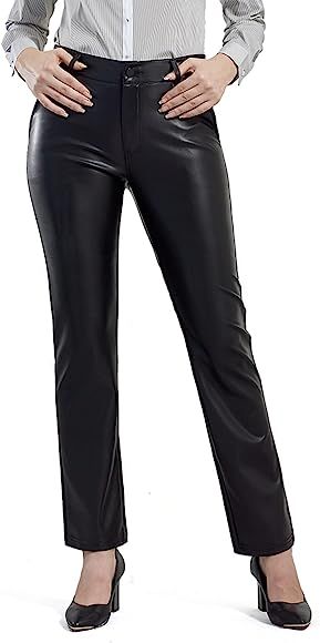 Balleay Art Faux Leather Pants for Women, Straight Leg Mid Waist Stretch Black Leather Pants with... | Amazon (US)