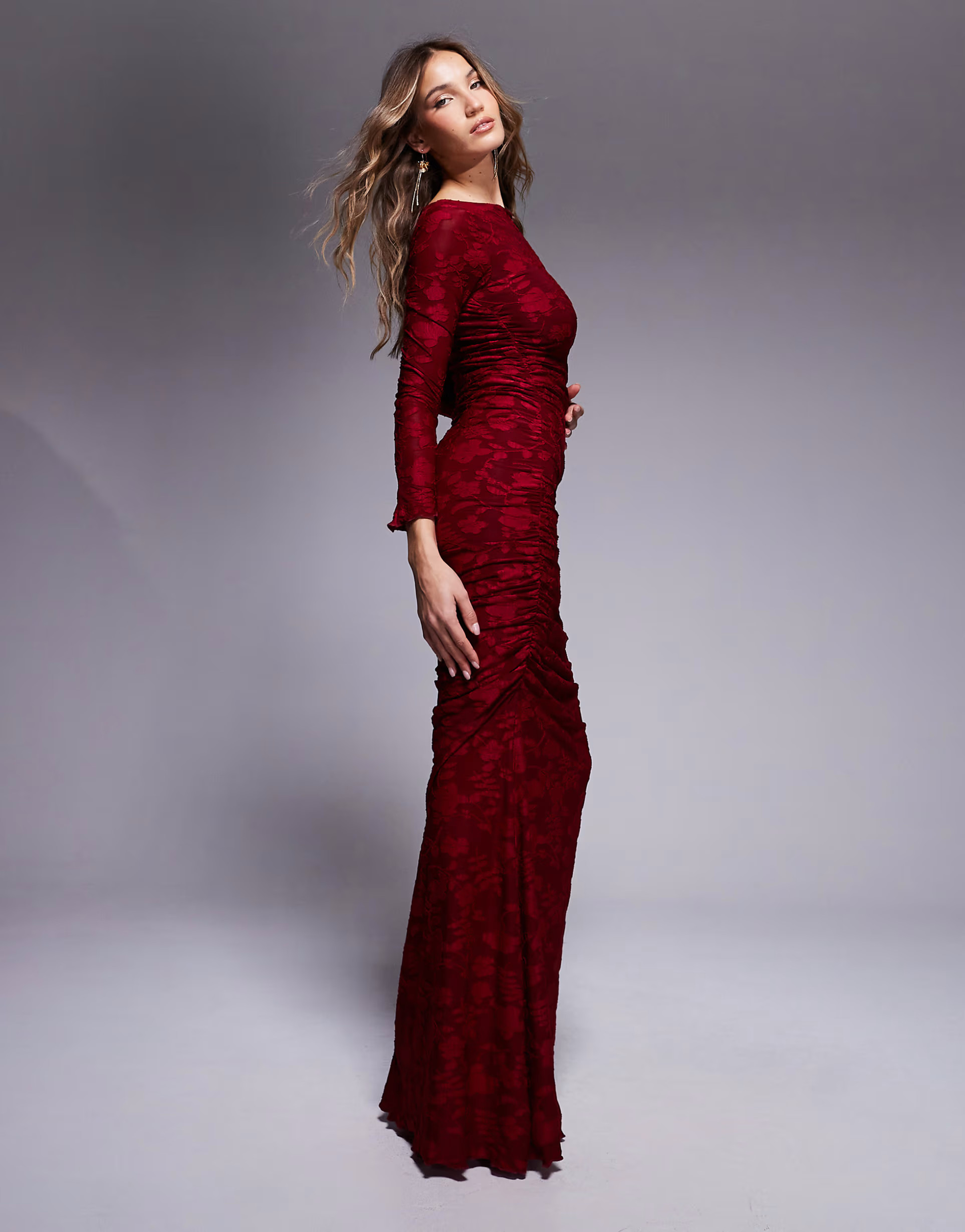 ASOS DESIGN devore long sleeve ruched maxi dress in wine | ASOS | ASOS (Global)