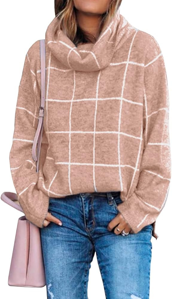 KIRUNDO 2021 Winter Women’s Turtleneck Knit Sweater Long Sleeves Pullover Plaid Side Split Chec... | Amazon (US)