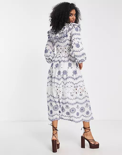 ASOS EDITION broderie blouson sleeve midi dress with contrast embroidery | ASOS (Global)