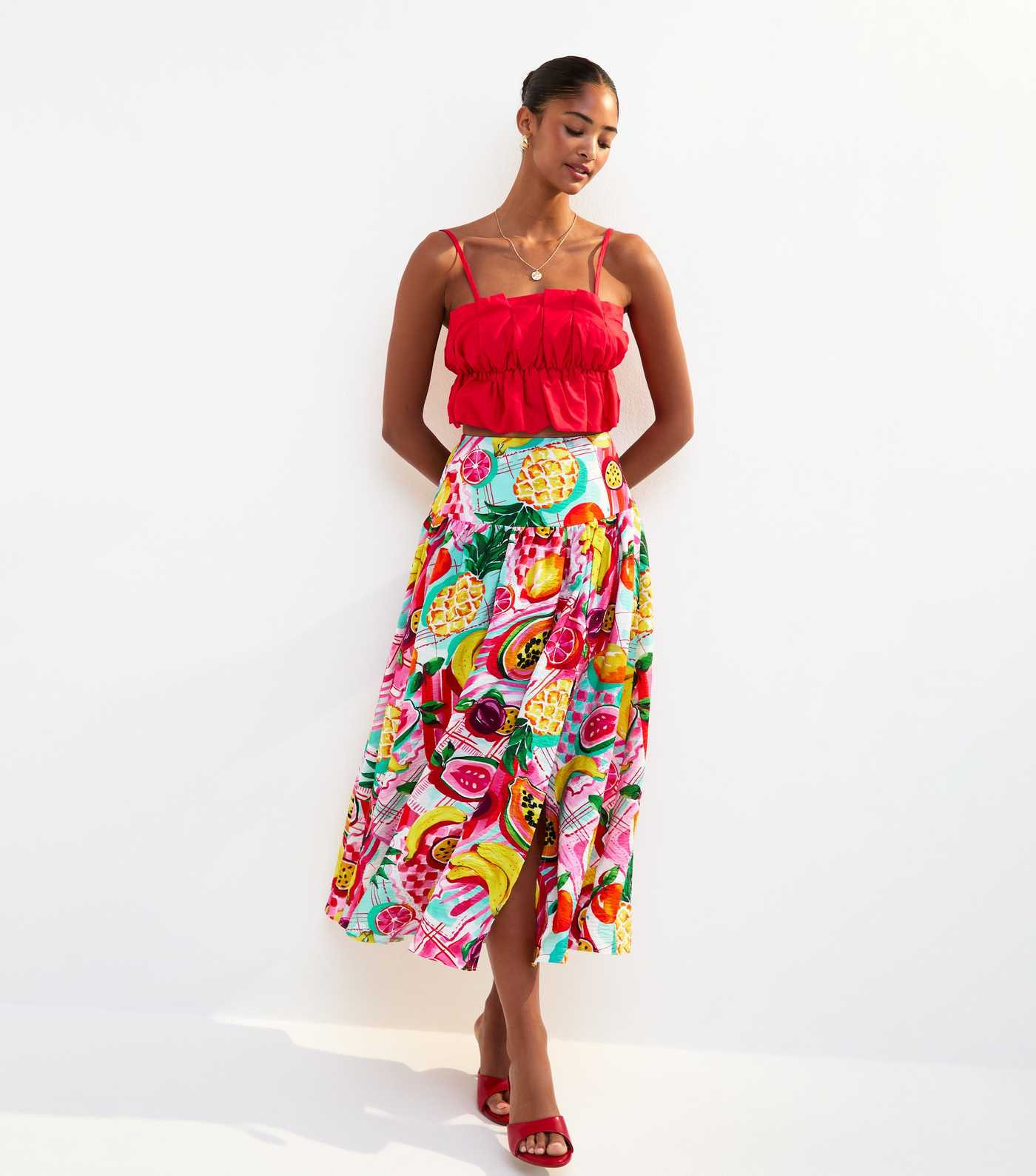 Red Tropical Fruit Print Side Split Midi Skirt | New Look | New Look (UK)