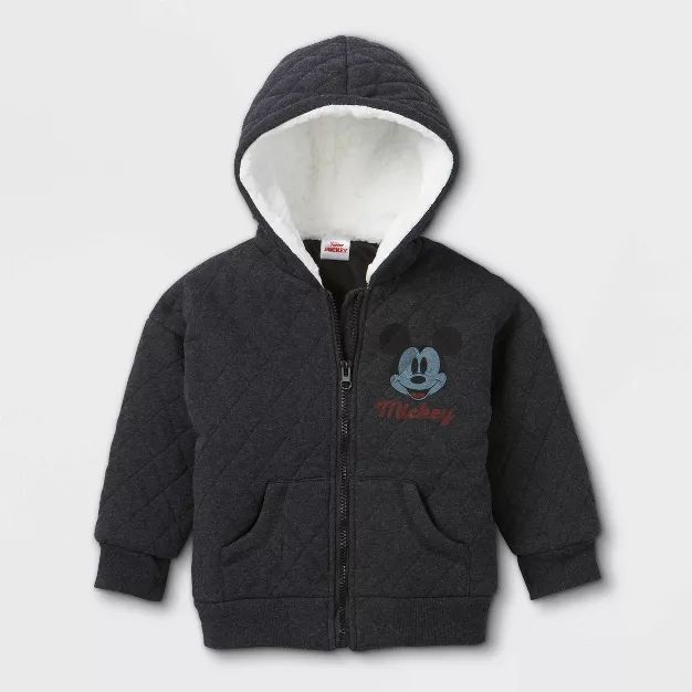 Toddler Boys' Mickey Mouse Quilted Fleece Full Zip Hoodie - Gray | Target