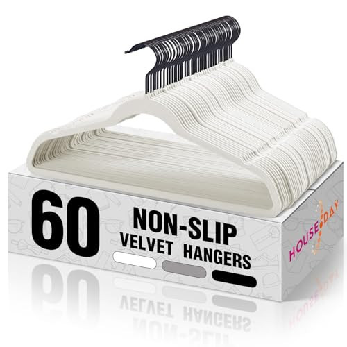 HOUSE DAY White Velvet Hangers 60 Pack, Non Slip Felt Hanger, Slim Velvet Clothes Hangers for Suits, Shirt, Heavy Duty Coat Hanger for Closet | Amazon (US)