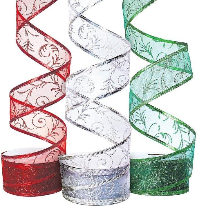 Christmas Ribbon for Gift Wrapping Ribbons Wired 1.5 Inch Set of Ribbon Wire Red Green Silver/Whi... | Amazon (US)